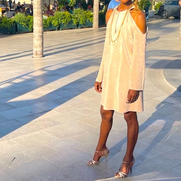 BCBG light pink/ cream long sleeves suede mini dress. Peep hole in the front. - Picture 7 of 8